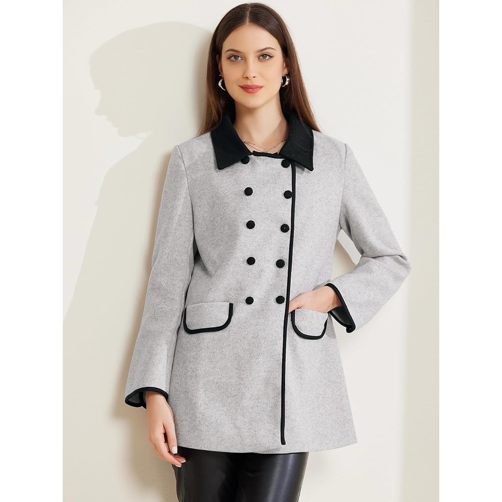 Womens Gray Double Breasted Coat Large Contrast Collar Trim Black Button NWOT